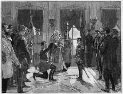 Abdicatie van koning Milan I van Servië (1854-1901), 7 maart 1889: de voormalige koning legt een eed van gehoorzaamheid en trouw af aan zijn zoon, Alexander I van Servië (1876-1903), voor wie hij zojuist heeft afgezworen. Gravure in 