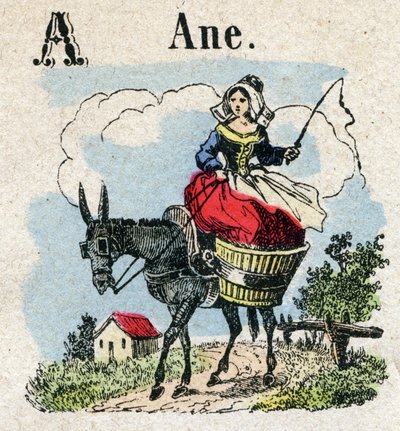 Abecedarium. Letter A zoals Ezel. Kleine encyclopedische alfabet, populaire serie. Epinal beeld, eind 19e eeuw door French School