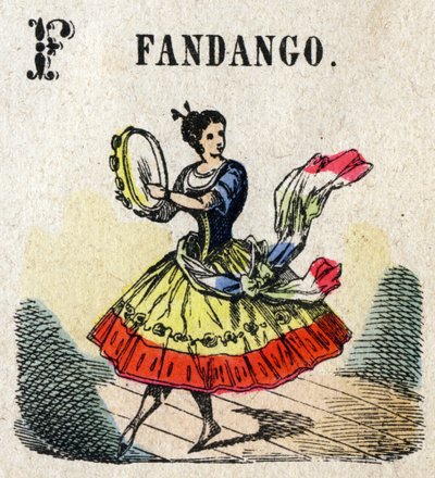 Abecedarium. Letter F zoals Fandango. Kleine encyclopedische alfabet, populaire serie. Epinal beeld, eind 19e eeuw door French School