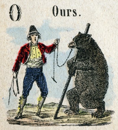 Abecedarium. Letter O zoals een berenklok. Kleine encyclopedische alfabet, populaire serie. Epinal beeld, eind 19e eeuw door French School