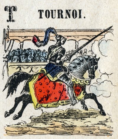 Abecedarium. Letter T zoals Toernooi. Kleine encyclopedische alfabet, populaire serie. Epinal beeld, eind 19e eeuw door French School