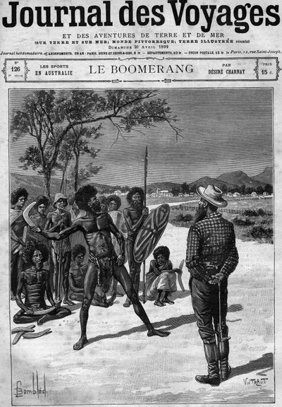 Aboriginals van Australië die een boemerang gebruiken, eind 19e eeuw. Gravure in 