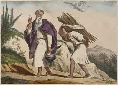 Abraham neemt Isaak mee naar de berg Moria, illustratie uit een catechismus L