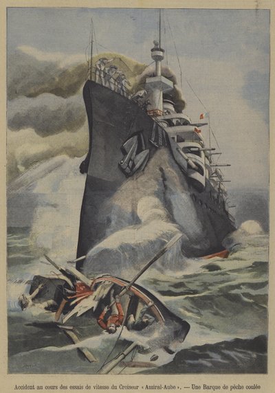 Onopzettelijke zinking van een vissersboot door de Franse gepantserde kruiser Admiral Aube tijdens snelheidsproeven door French School