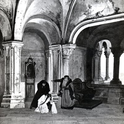 Acte IV, Scene 2 van Pelleas et Melisande door Debussy, van een foto van de eerste productie in april 1902 van de opera in de Opera-Comique in Parijs, illustratie in Theatre magazine, juni 1902 door French School