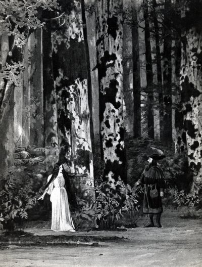 Acte I, Scene 1 van Pelleas et Melisande door Debussy, van een foto van de eerste productie in april 1902 van de opera in de Opera-Comique in Parijs, illustratie in Theatre magazine, juni 1902 door French School