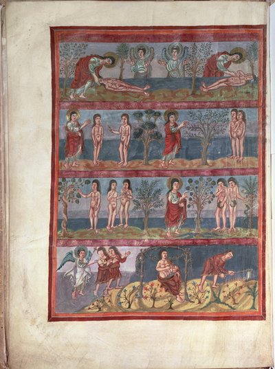 Adam en Eva, uit de Moutier-Grandval Bijbel, verlicht in de Karolingische Abdij van St. Martin, Tours, Latijn, c.834-843 door French School
