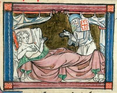 Een vrouw in bed verzorgd door een non, illustratie uit 