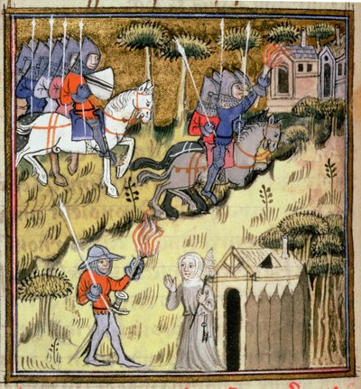 Cavalerie steekt gebouwen in brand met brandende fakkels; een non beschermt haar abdij tegen een soldaat, c.1380 door French School