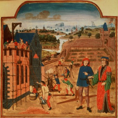 Constructie van een tuinhuis met formele tuinen en landschap op de achtergrond, uit Livre des Prouffits Champetres et Ruraulx door Pietro de Crescenzi (1230-1320/1) door French School