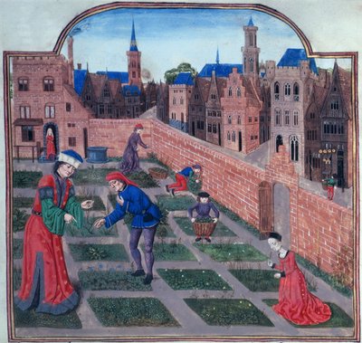 Een ommuurde kruidentuin in een stad, uit Livre des profits ruraux door Piero de Crescenzi van Bologna, eind 15e eeuw door French School
