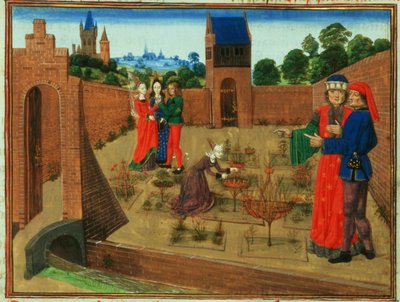 Ommuurde tuin met een vrouw die tuiniert en anderen die roddelen, uit Livre des Prouffits Champetres et Ruraulx door Pietro de Crescenzi (1230-1320) door French School