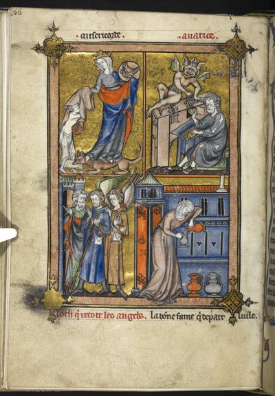 Add. 54180, f. 136v, Miniatuur met engelen in pelgrimskleding, uit 