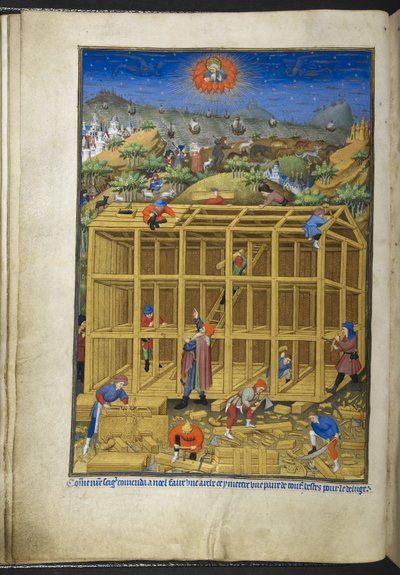 De bouw van de ark van Noach, uit het Getijdenboek (De Bedford Hours) c.1410-30 door French School