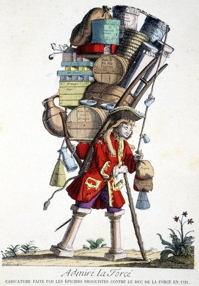Bewonder kracht. Cartoon gemaakt door apothekers tegen de Hertog van Force in 1721 door French School