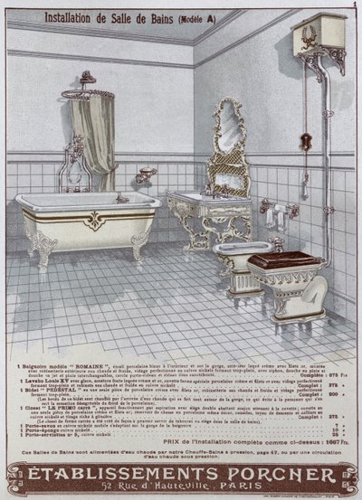 Advertentie voor badkamers vervaardigd door Etablissements Porcner door French School