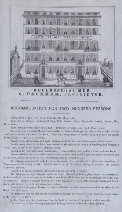 Advertentie voor het Louvre Railway Terminus Hotel, Boulogne-sur-Mer, Frankrijk door French School
