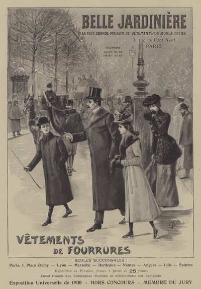Advertenties voor bontkleding van Belle Jardiniere, Parijs door French School