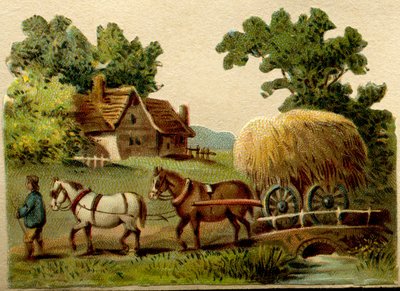 Advertentie Chromolithografie, gebeeldhouwd die een landelijke scène uitbeeldt, twee paarden geleid door een boer die een wagen met stro trekt door French School