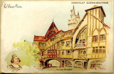 Reclame Chromolithografie van chocolade Guerin Boutron, Het Oude Parijs, Rue des Remparts door French School