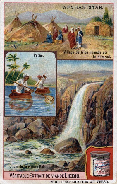 Reclamekaart met een nomadendorp aan de Hilmend, vissers en de waterval van de Kabul-rivier in Afghanistan. Chromolithografie uit de 19e eeuw. door French School