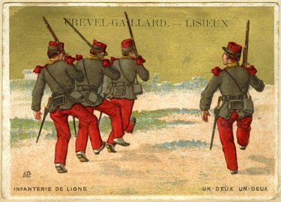 Reclamechromolithografie van Grevel-Gaillard, Lisieux, online infanterie, een twee, een twee door French School