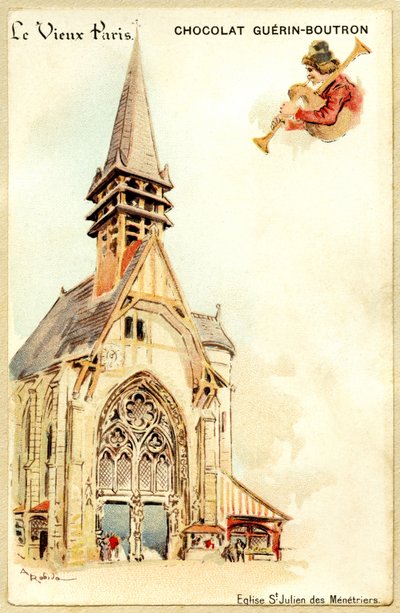 Advertentie chromolithografie van Guerin Boutron chocolade, LE VIEUX PARIS, Saint Julien des Ménétriers kerk door French School