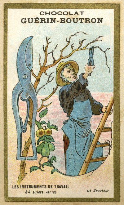 Advertentie chromolithografie van Guerin Boutron chocolades, werktuigen, 84 gevarieerde onderwerpen, snoeischaar door French School