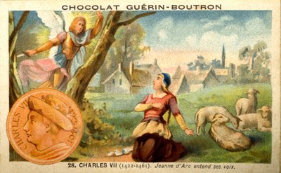Reclame chromolithografie van chocolades Guerin Boutron, Karel VII koning van 1422 tot 1461. Jeanne d