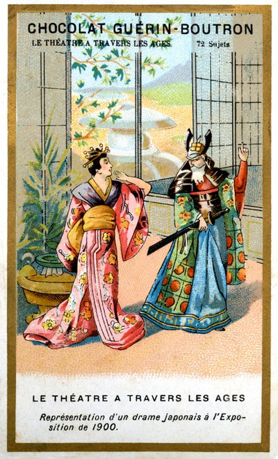 Advertentie chromolithografie van Guérin Boutron chocolade, theater door de eeuwen heen, 72 onderwerpen, Japans drama door French School