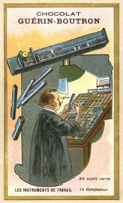 Advertentie chromolithografie van Guerin Boutron chocolade, werktuigen, 84 gevarieerde onderwerpen, de composter door French School