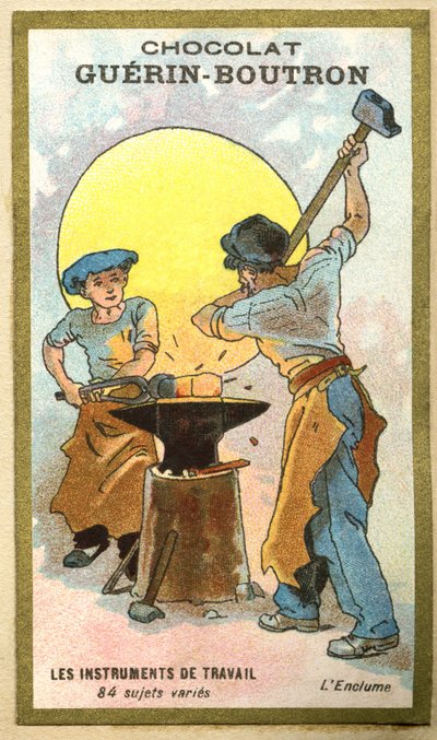 Advertentie chromolithografie van Guerin Boutron chocolade, werktuigen, 84 gevarieerde onderwerpen, het aambeeld door French School