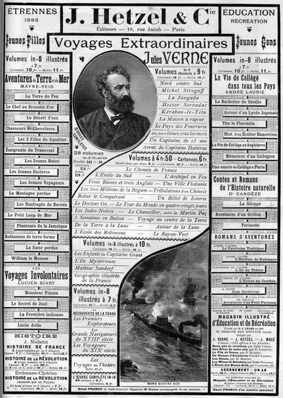 Reclame voor de romans van Jules Verne aan het einde van het jaar 1887, uitgever J. Hetzel door French School
