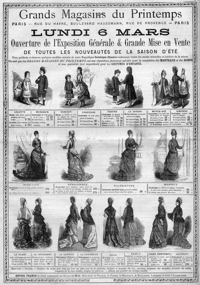 Reclame voor de opening van de algemene tentoonstelling en de verkoop van zomerseizoen nieuwkomers (zomercollectie) bij de Printemps warenhuizen in Parijs. Gravure in 