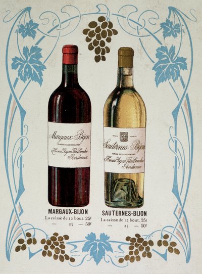 Reclame voor de verkoop van wijn Margaux-Bijon en Sauternes-Bijon, 25frs voor 12 flessen, 50frs voor 25 door French School