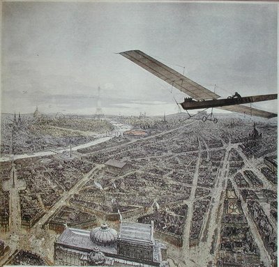 Vliegtuig boven Parijs, illustratie voor een kalender van 1911 door French School