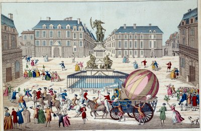 Aerostaat: de tweede poging om met een ballon te vliegen. De hele aerostatische bol van Charles en Robert in Parijs, na een reis met een waterstofgasballon, op 02/12/1783. Anonieme 18e-eeuwse prent. Parijs, decoratieve kunsten door French School