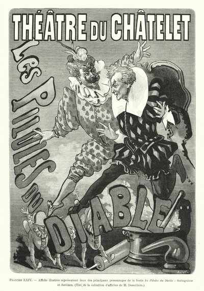 Affiche met twee hoofdpersonen van de feërie Les Pilules du Diable, Seringuinos en Sottinez door French School