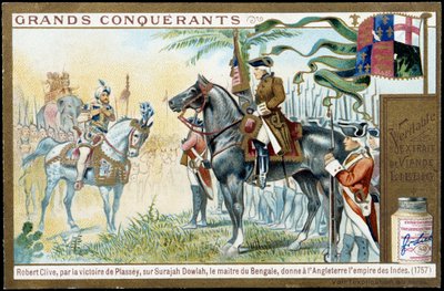 Na de overwinning van Plassey op Surajah Dowlah (Suraj Ud-daula of Ud Daula Ud Daulah of Ud-Daulah), gaf de meester van Bengalen Engeland het rijk van India in 1757. 19e eeuw liebig chromolithografie door French School