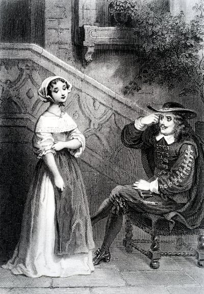 Agnes met haar voogd Arnolphe, uit De School voor Vrouwen, door Molière door French School