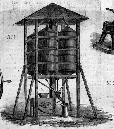 Landbouwmachine: een conserverende zolder voor tarwe gepresenteerd op de Landbouwtentoonstelling van 1860 in Parijs. Gravure in 