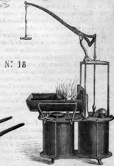 Landbouwmachine: een dubbele windpiston smederij gepresenteerd op de Parijse landbouwwedstrijd in 1860. Gravure in "Le Monde Illustré" nr. 172 van 28 juli 1860. door French School