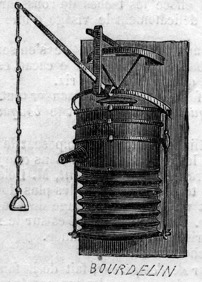 Landbouwmachine: een smidsblaasbalg gepresenteerd op de Parijse landbouwwedstrijd in 1860. Gravure in "Le Monde Illustré" nr. 172 van 28 juli 1860. door French School