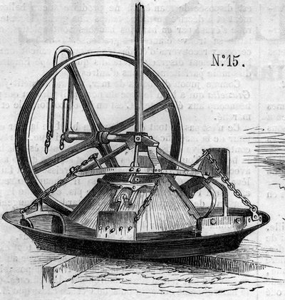 Landbouwmachine: een gipsmolen gepresenteerd op de Parijse landbouwwedstrijd in 1860. Gravure in 