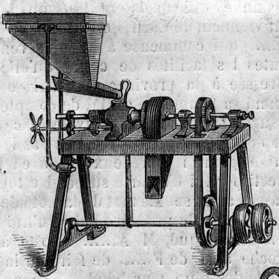 Landbouwmachine: een kleine molen op de Landbouwtentoonstelling van 1860 in Parijs. Gravure in 