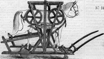 Landbouwmachine: een ophangingsapparaat (of draagbaar werk) gebruikt om paarden of vee te immobiliseren voordat ze worden behandeld. Machine gepresenteerd op de Parijse landbouwwedstrijd in 1860. Gravure in 