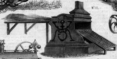Landbouwmachine: een dorskast gepresenteerd op de Parijse landbouwwedstrijd in 1860. Gravure in 
