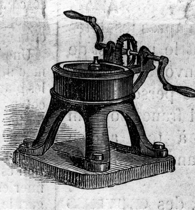 Landbouwmachine: een wringer aanwezig op de Landbouwtentoonstelling van 1860 in Parijs. Gravure in 