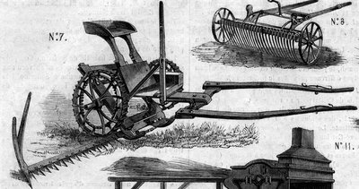 Landbouwmachine: een Amerikaanse maaimachine gepresenteerd op de Parijse landbouwwedstrijd in 1860. Gravure in 
