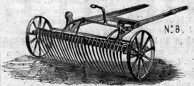 Landbouwmachine: een Engelse paardenhark gepresenteerd op de Parijse landbouwwedstrijd in 1860. Gravure in "Le Monde Illustré" nr. 16 van 7 juli 1860. door French School